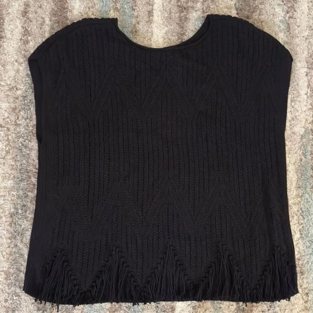 NIC+ZOE Black Knit Sleeveless Fringe Top XL
